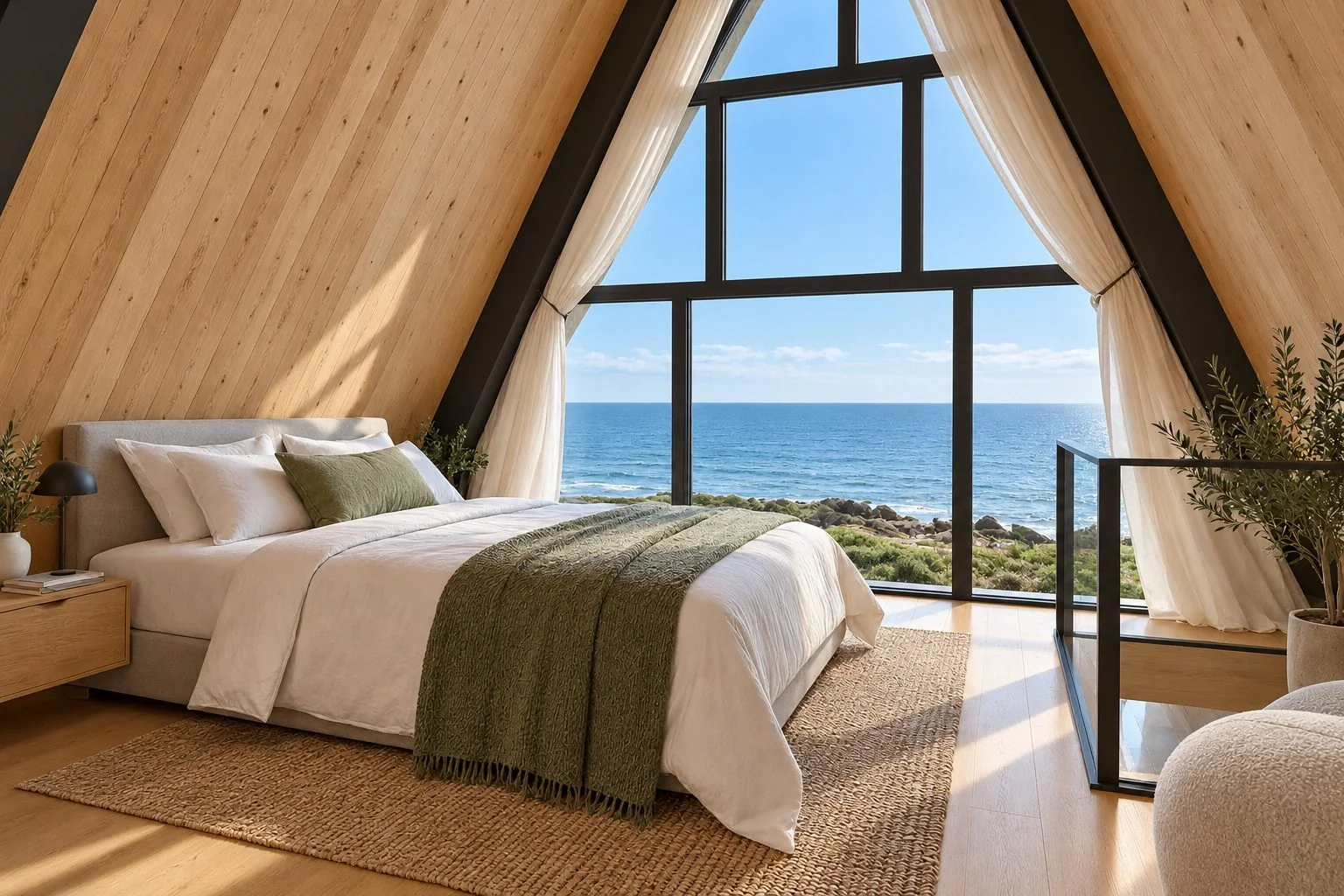 AIIA Axis, 65 m² A-frame modular home: bedroom under the glazing, 3D render