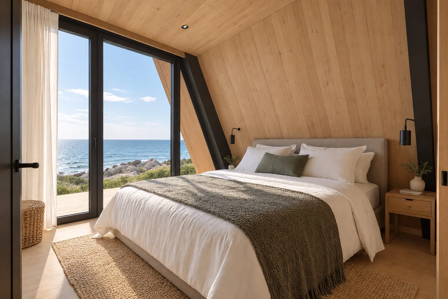 AIIA Axis, 65 m² A-frame modular home: bedroom, 3D render
