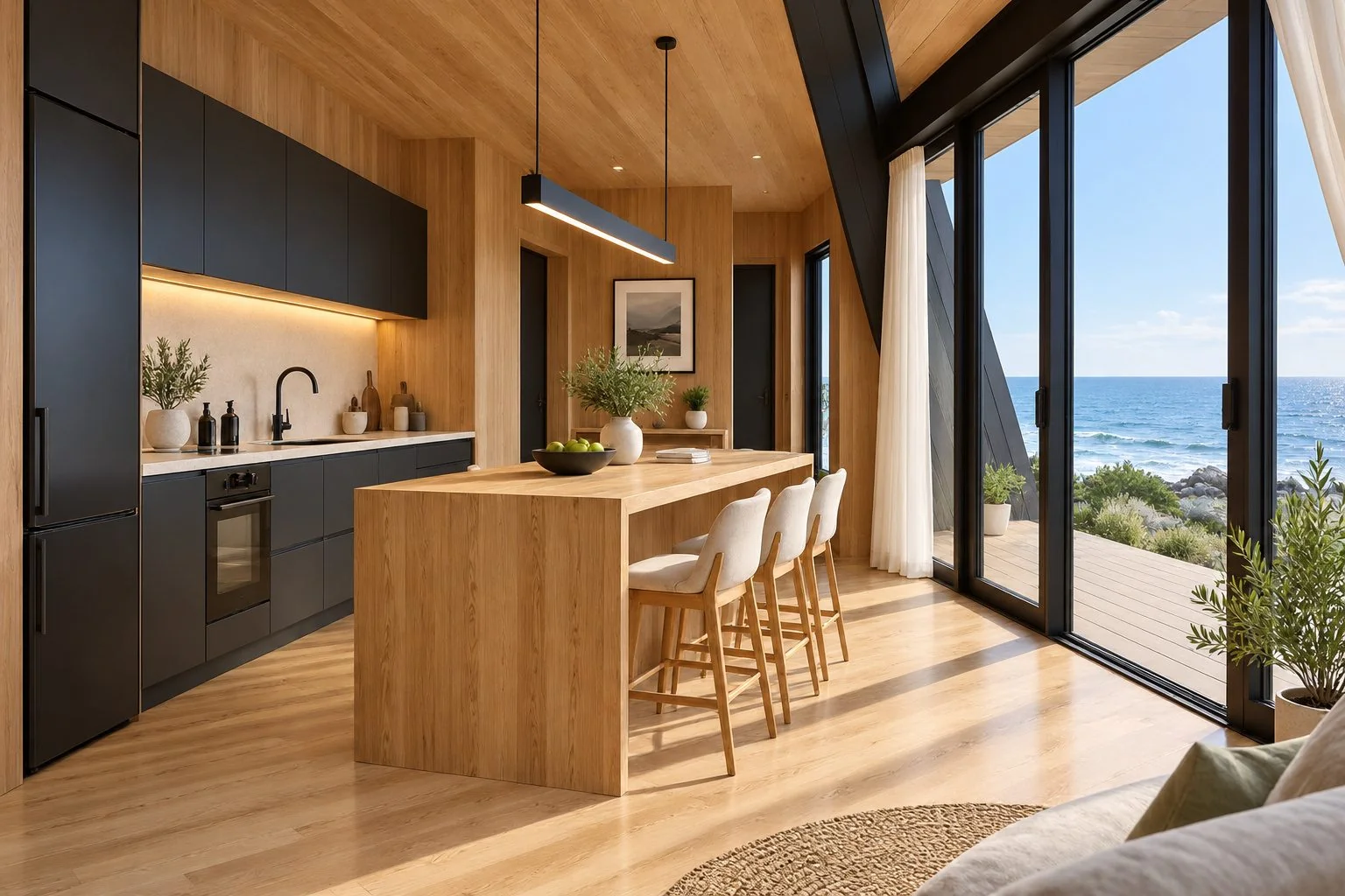 AIIA Axis, 65 m² A-frame modular home: kitchen, 3D render