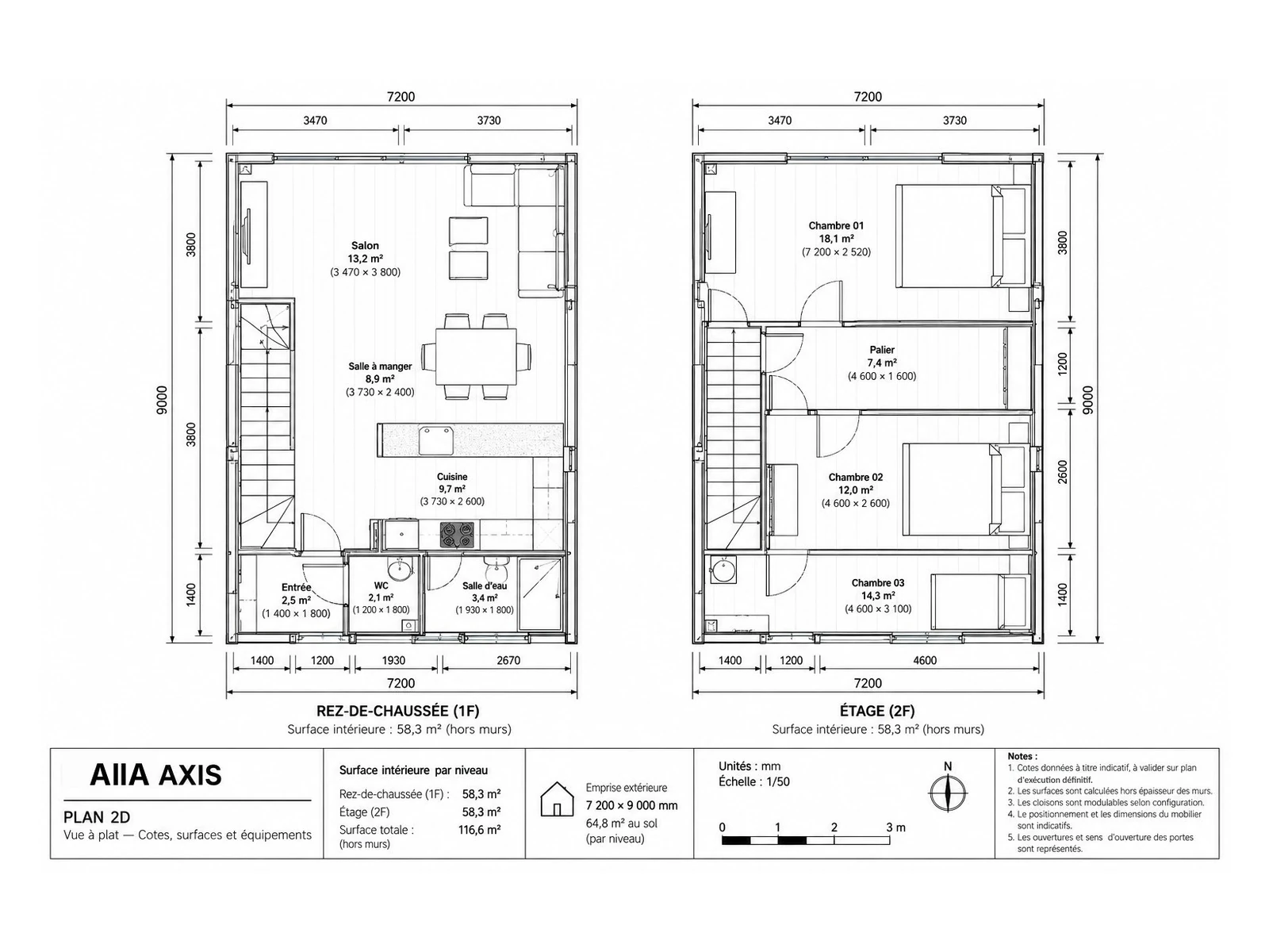 AIIA Axis, 65 m² A-frame modular home: dimensioned 2D plan