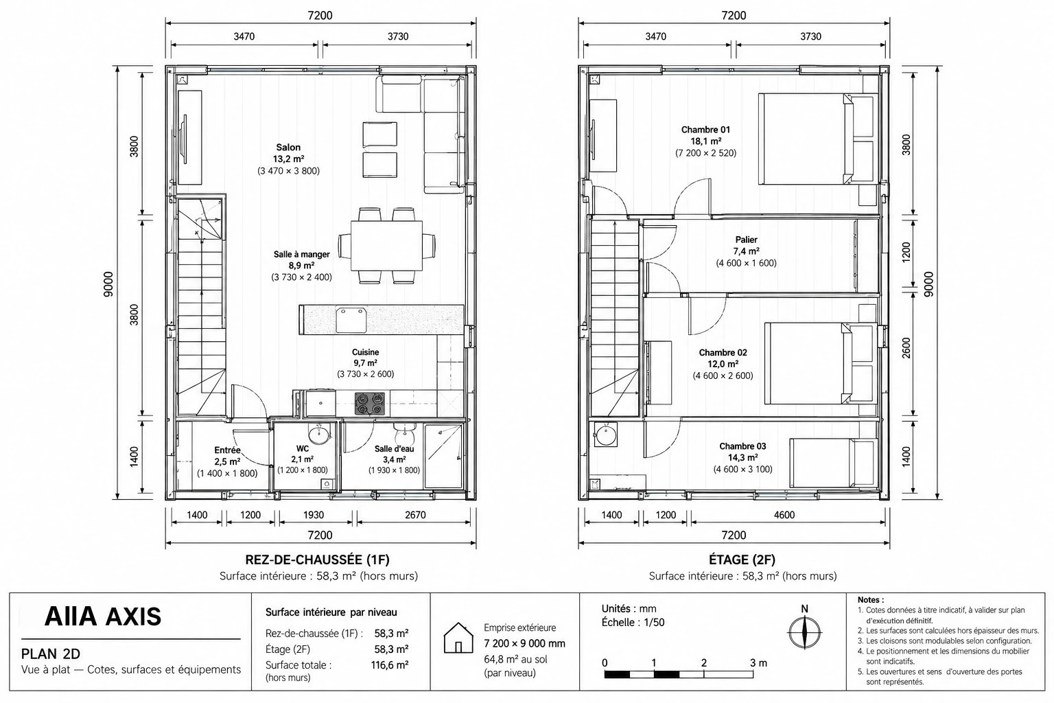 AIIA Axis, 65 m² A-frame modular home: dimensioned 2D plan, ground floor and upper floor