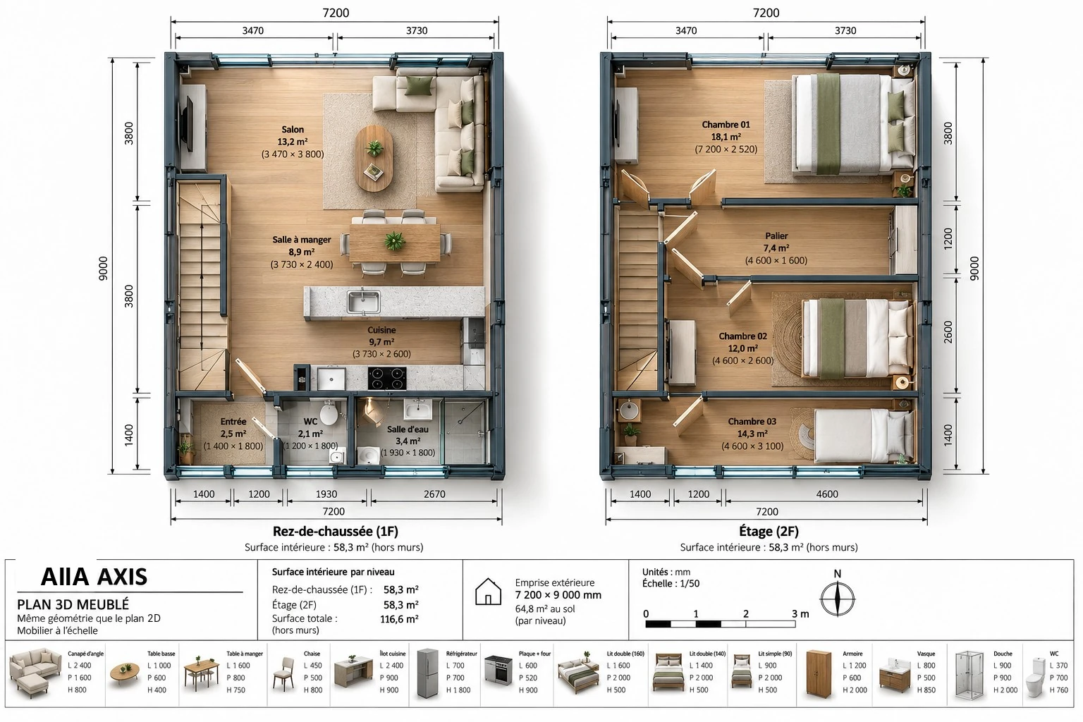 AIIA Axis, 65 m² A-frame modular home: furnished 3D plan, ground floor and upper floor