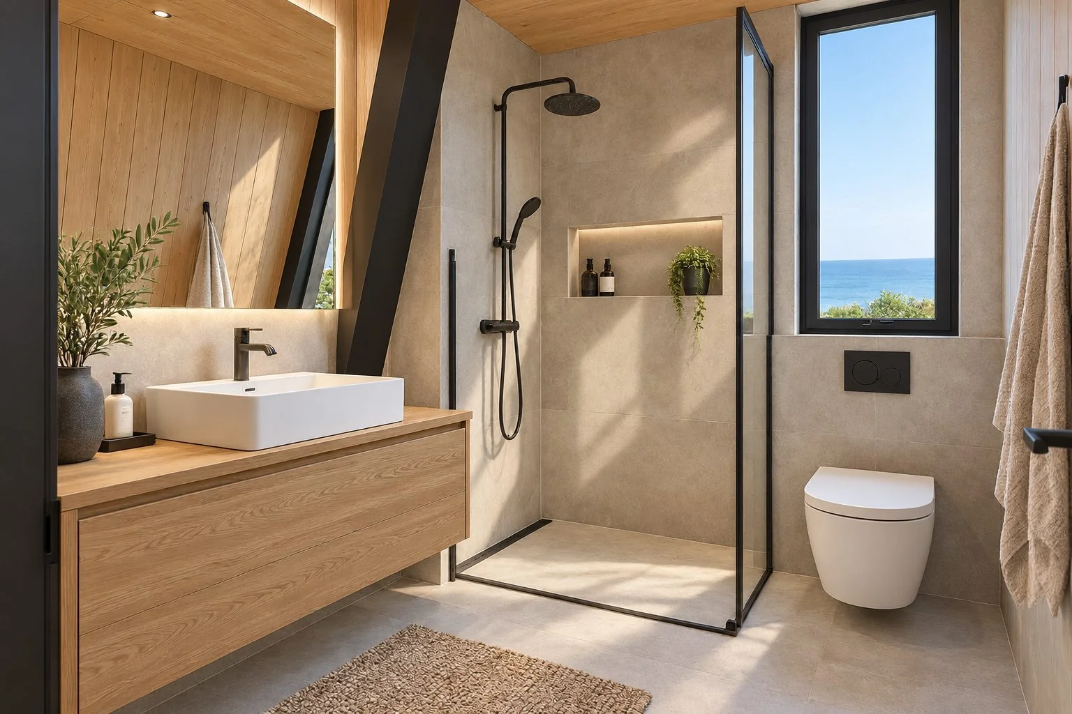 AIIA Axis, 65 m² A-frame modular home: bathroom, 3D render