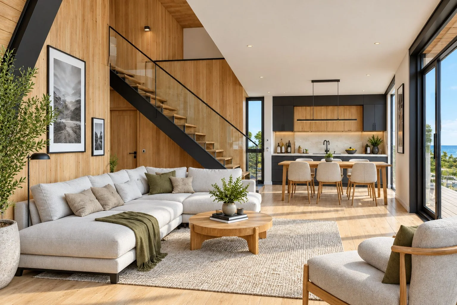 AIIA Axis, 65 m² A-frame modular home: living room and staircase, 3D render