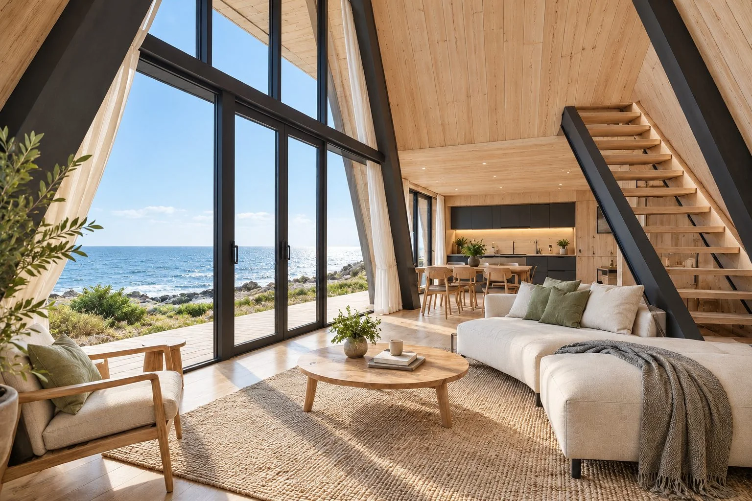 AIIA Axis, 65 m² A-frame modular home: living room under the A-frame, 3D render