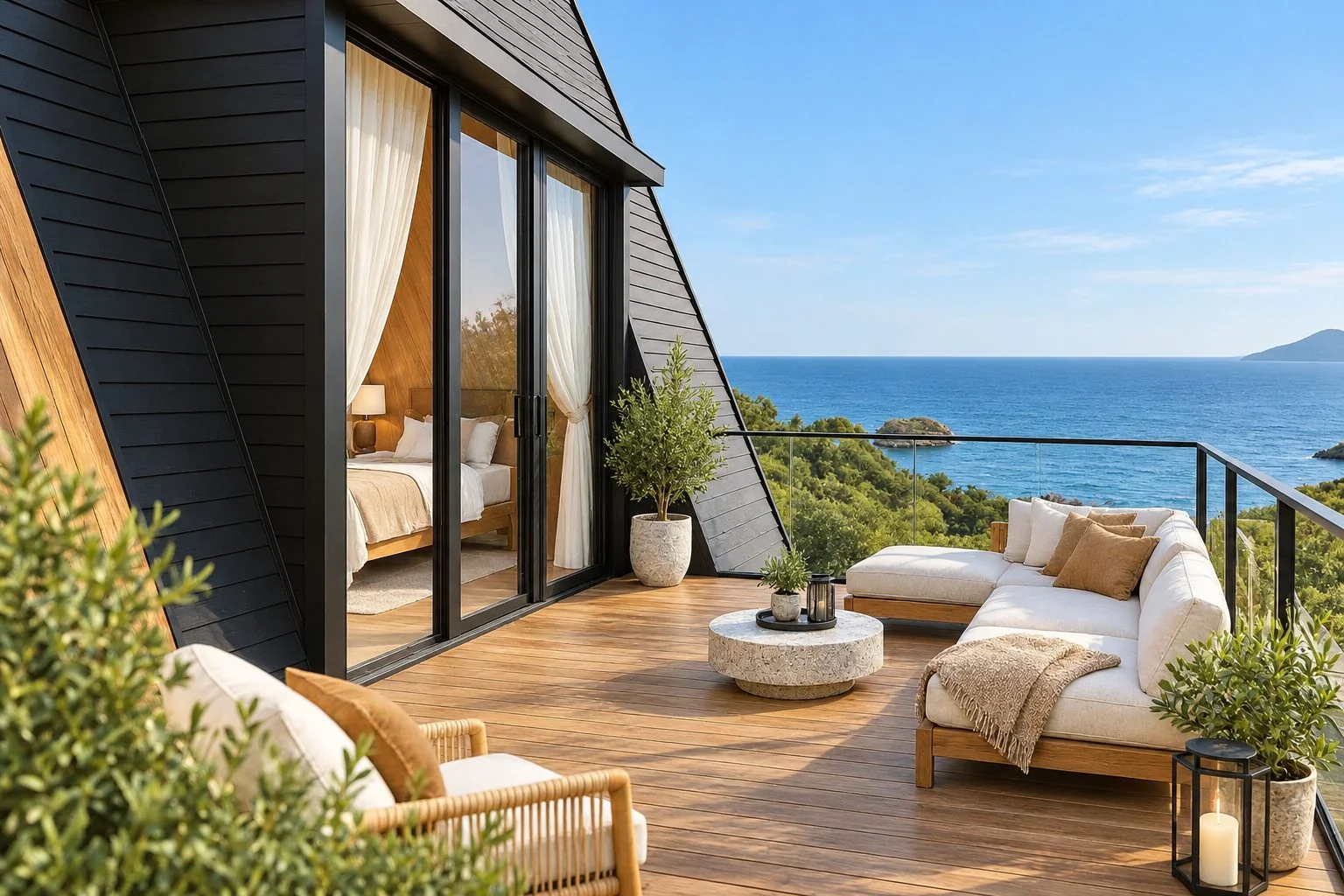 AIIA Axis, 65 m² A-frame modular home: suspended terrace, 3D render