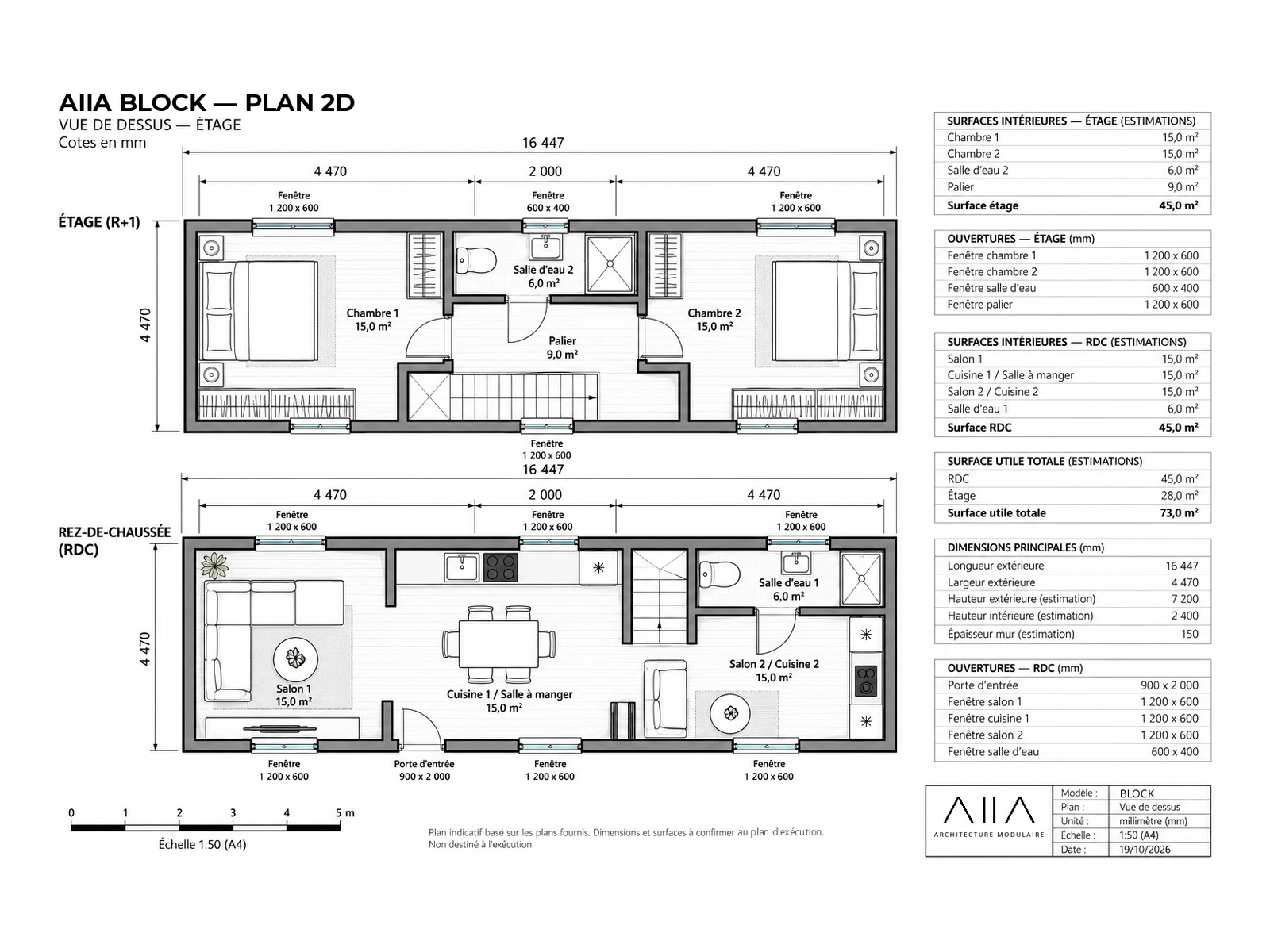 AIIA Block, 73 m² modular home: dimensioned 2D plan with floor areas