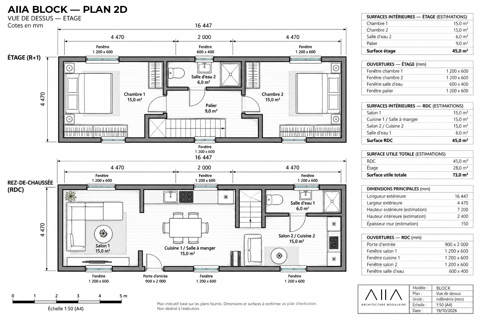 AIIA Block, 73 m² modular home: dimensioned 2D plan with floor areas