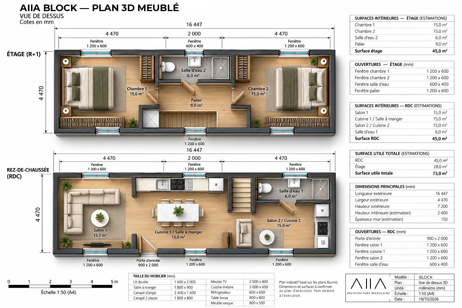 AIIA Block, 73 m² modular home: furnished 3D plan, top view