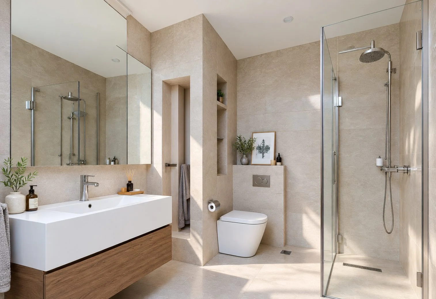 AIIA Block, 73 m² modular home: bathroom, 3D render