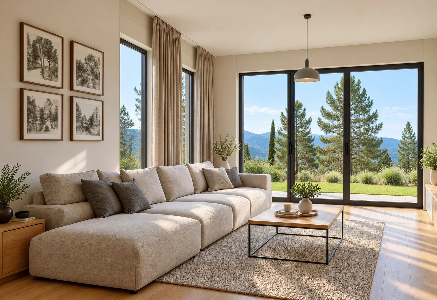 AIIA Block, 73 m² modular home: living room, 3D render