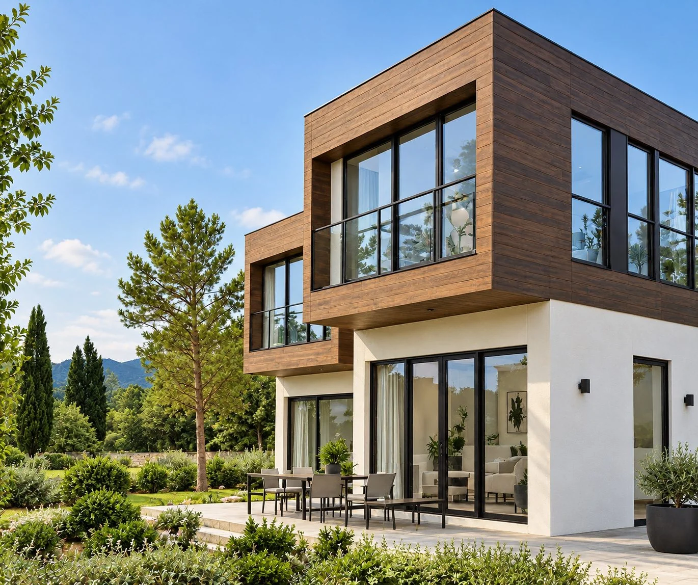 AIIA Block, 73 m² modular home: cantilevered volumes on two levels, 3D render