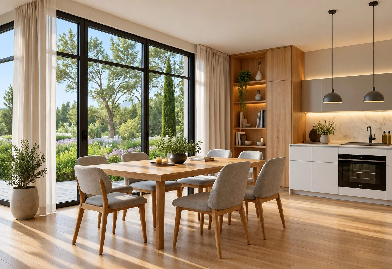 AIIA Court, 160 m² modular home: kitchen and dining area, 3D render