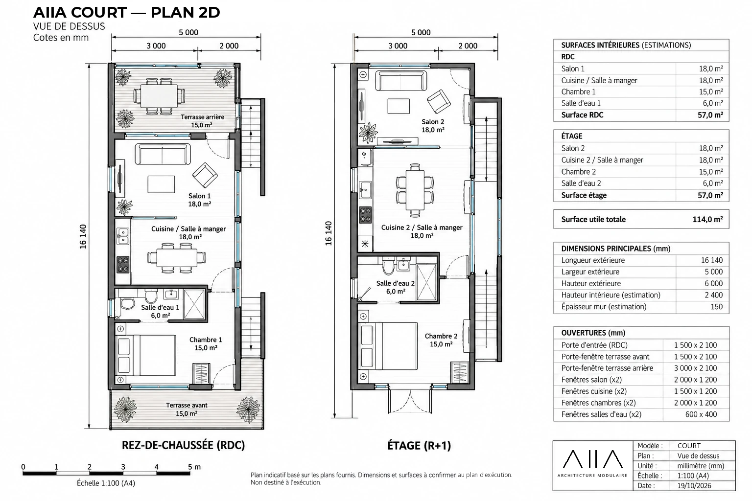 AIIA Court, 160 m² modular home: dimensioned 2D plan with floor areas