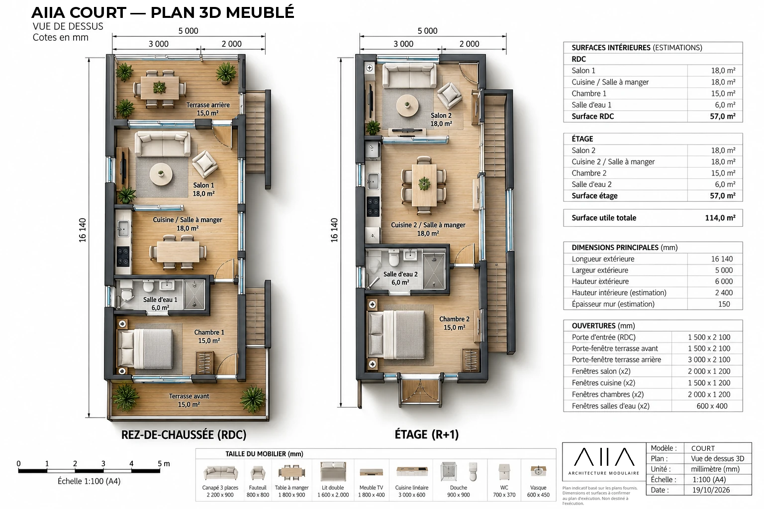 AIIA Court, 160 m² modular home: furnished 3D plan, top view