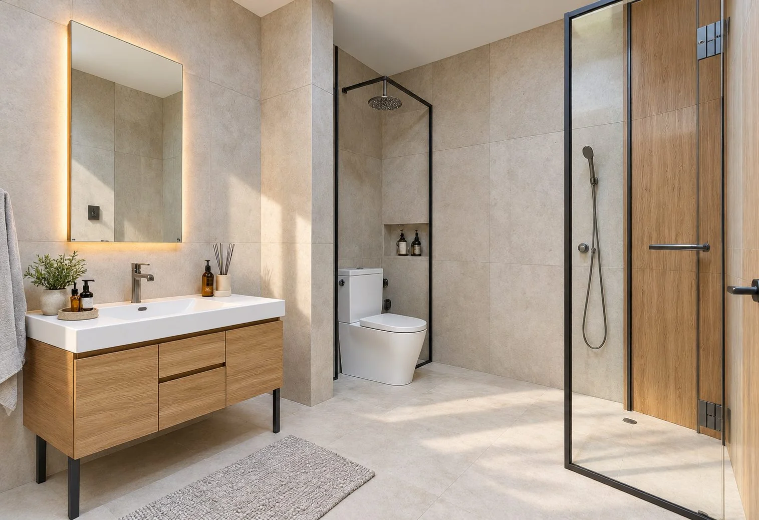 AIIA Court, 160 m² modular home: bathroom, 3D render