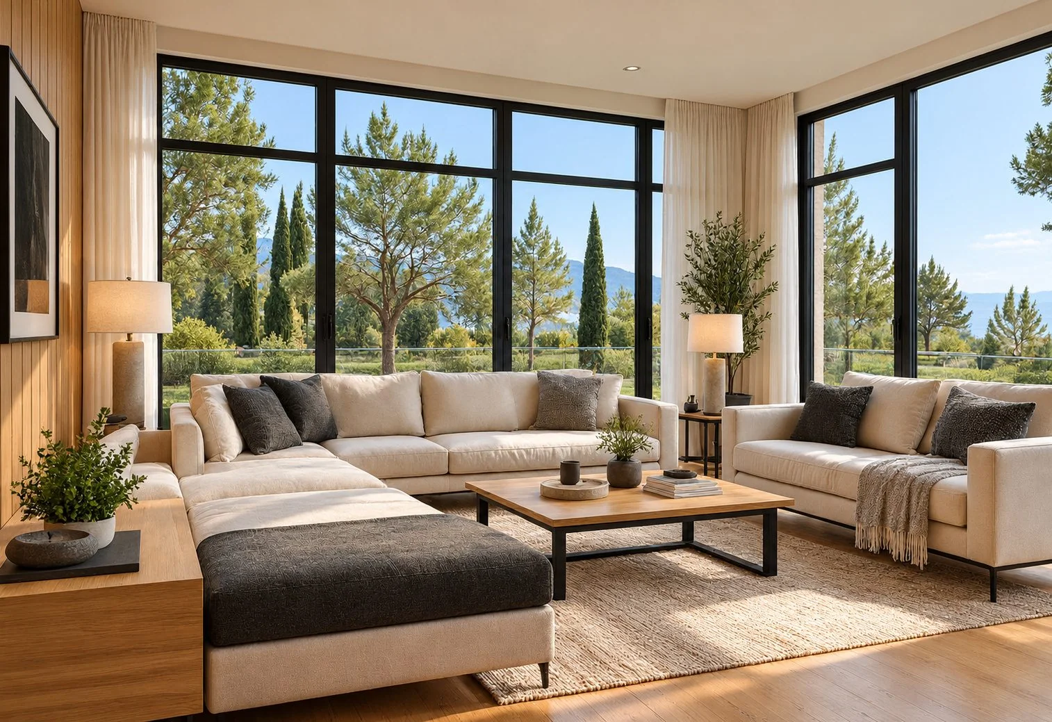 AIIA Court, 160 m² modular home: living room, 3D render