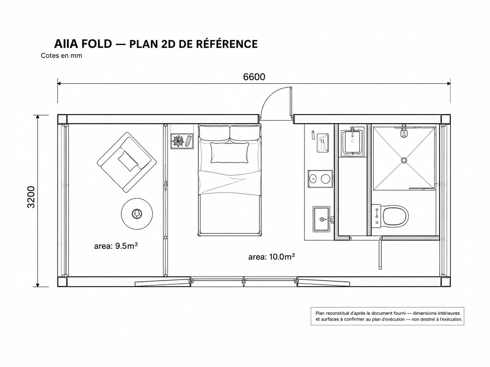 AIIA Fold, tiny house de 21 m² : plan 2D coté avec les surfaces