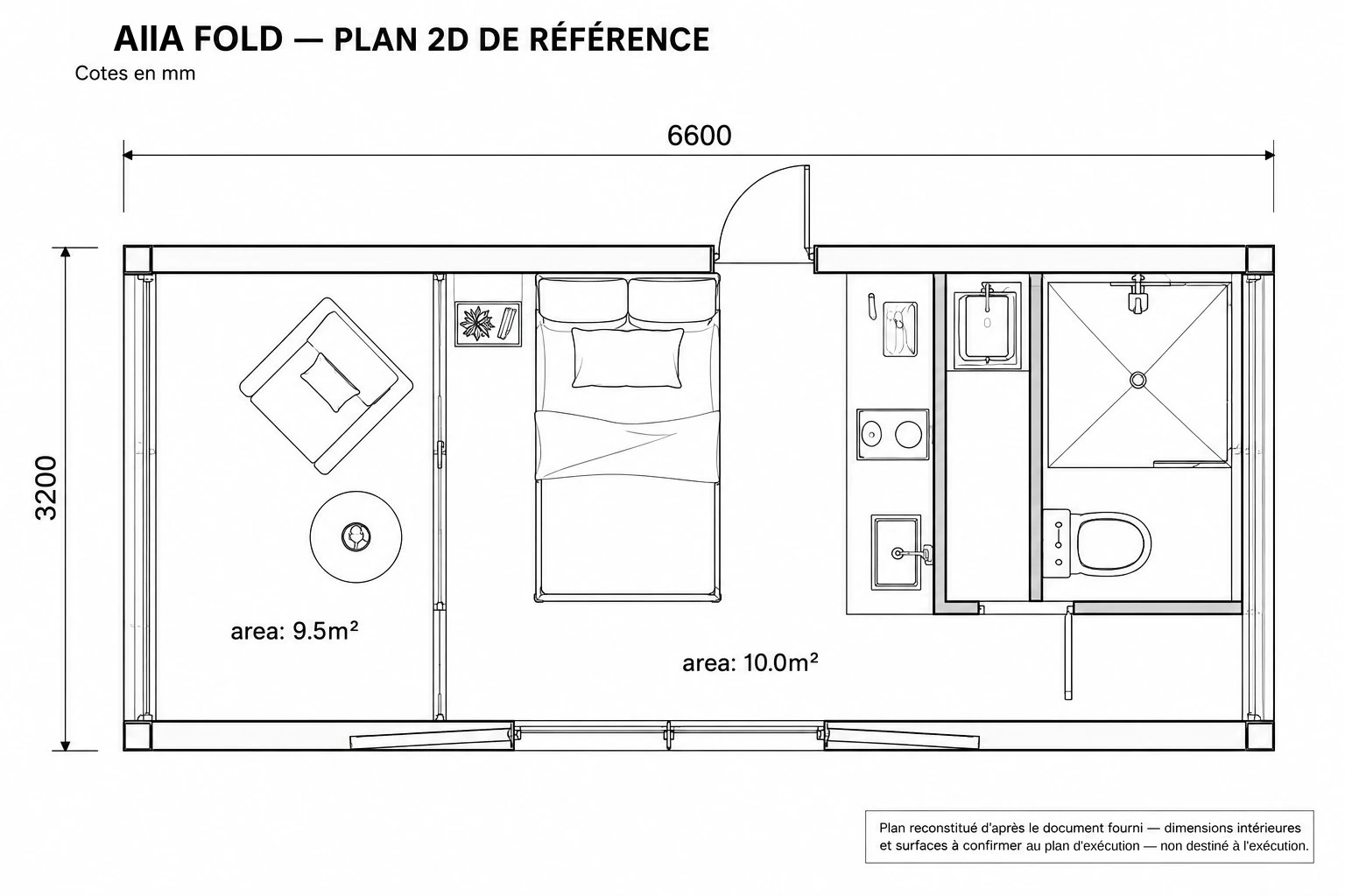 AIIA Fold, tiny house de 21 m² : plan 2D coté avec les surfaces
