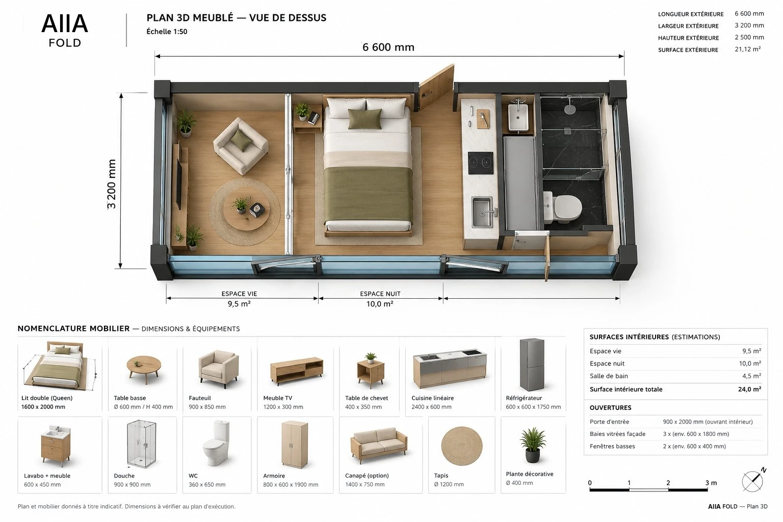 AIIA Fold, tiny house de 21 m² : plan 3D meublé, vue de dessus