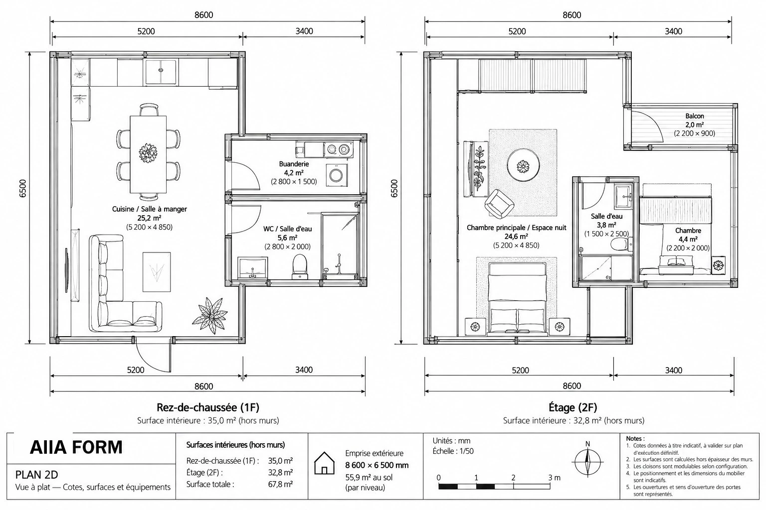 AIIA Form, 78 m² modular home: dimensioned 2D plan with floor areas