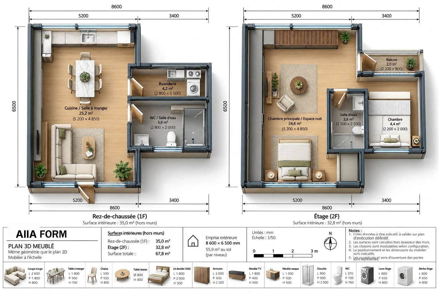 AIIA Form, 78 m² modular home: furnished 3D plan, top view