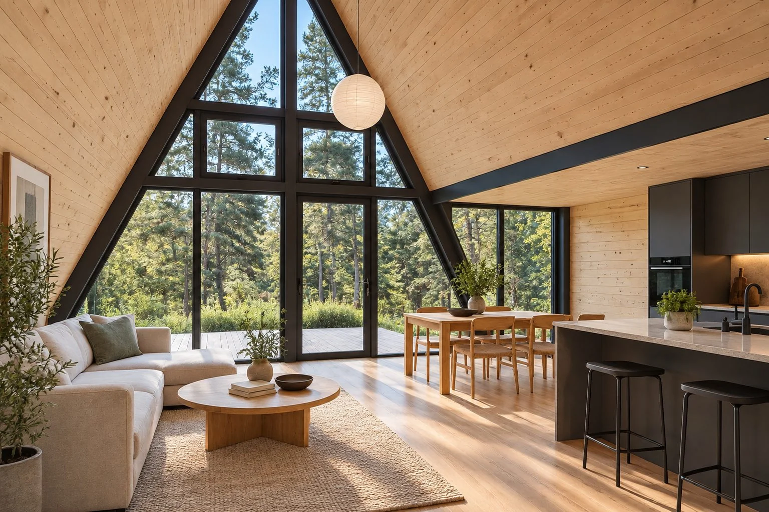 AIIA Form, 78 m² modular home: living room under the A-frame, 3D render