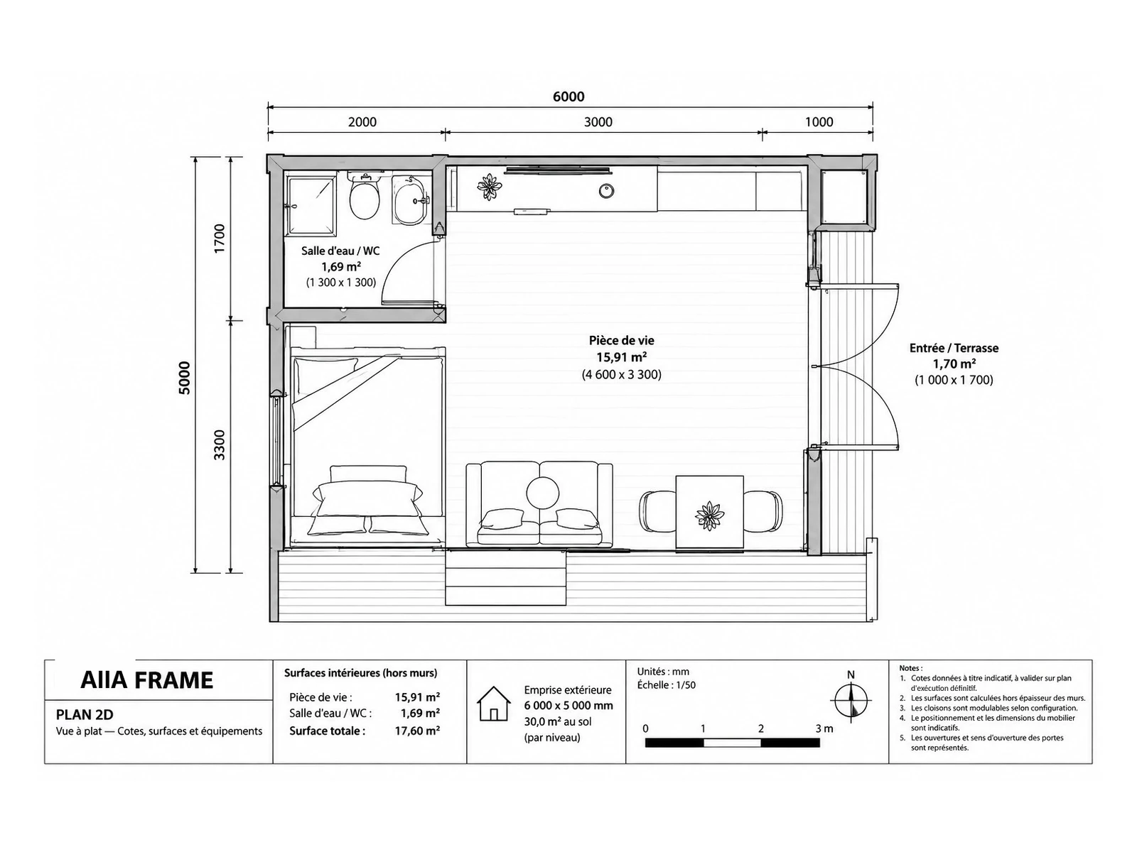 AIIA Frame, 30 m² Resort dwelling: dimensioned 2D plan with floor areas