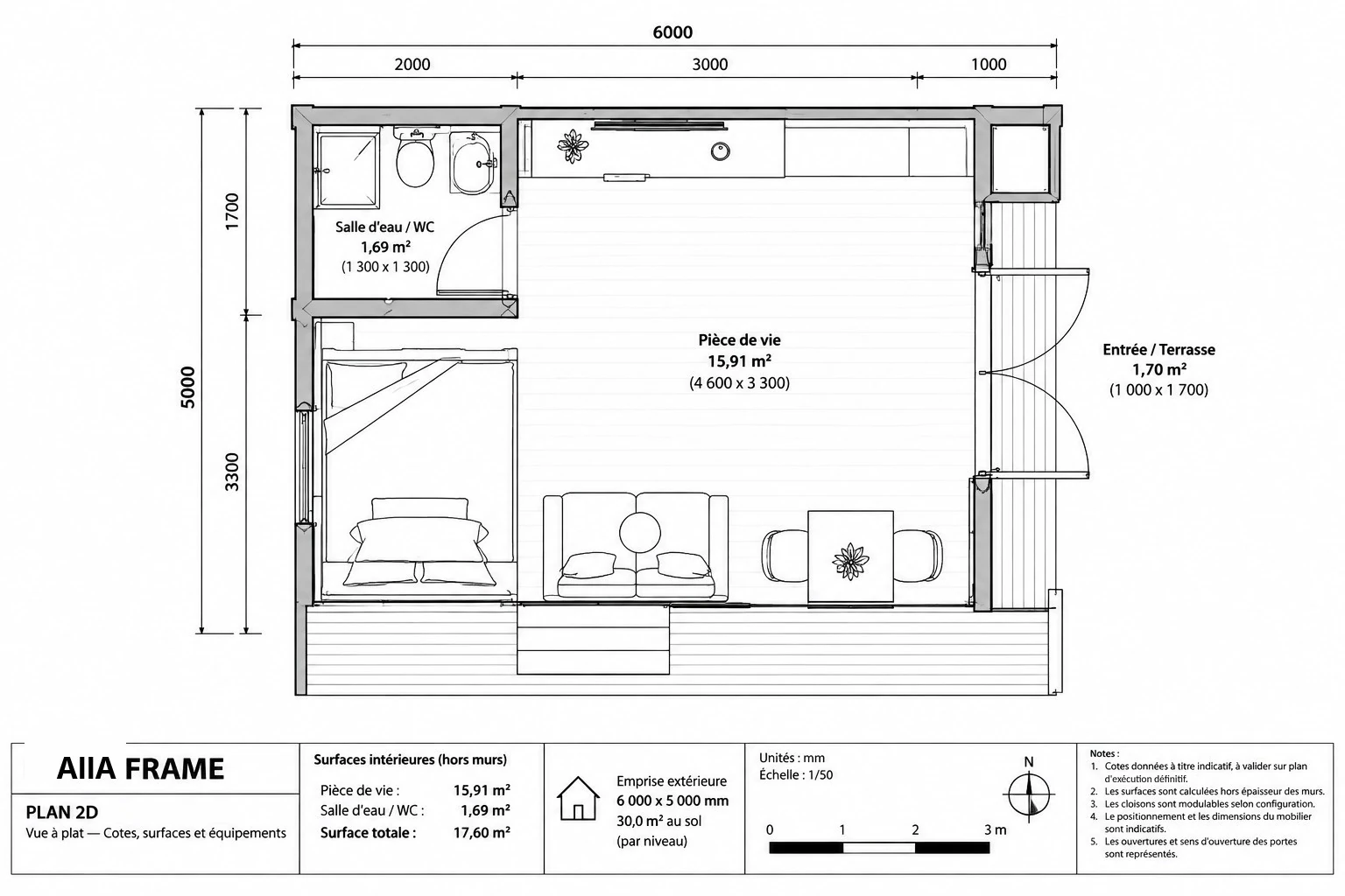 AIIA Frame, 30 m² Resort dwelling: dimensioned 2D plan with floor areas