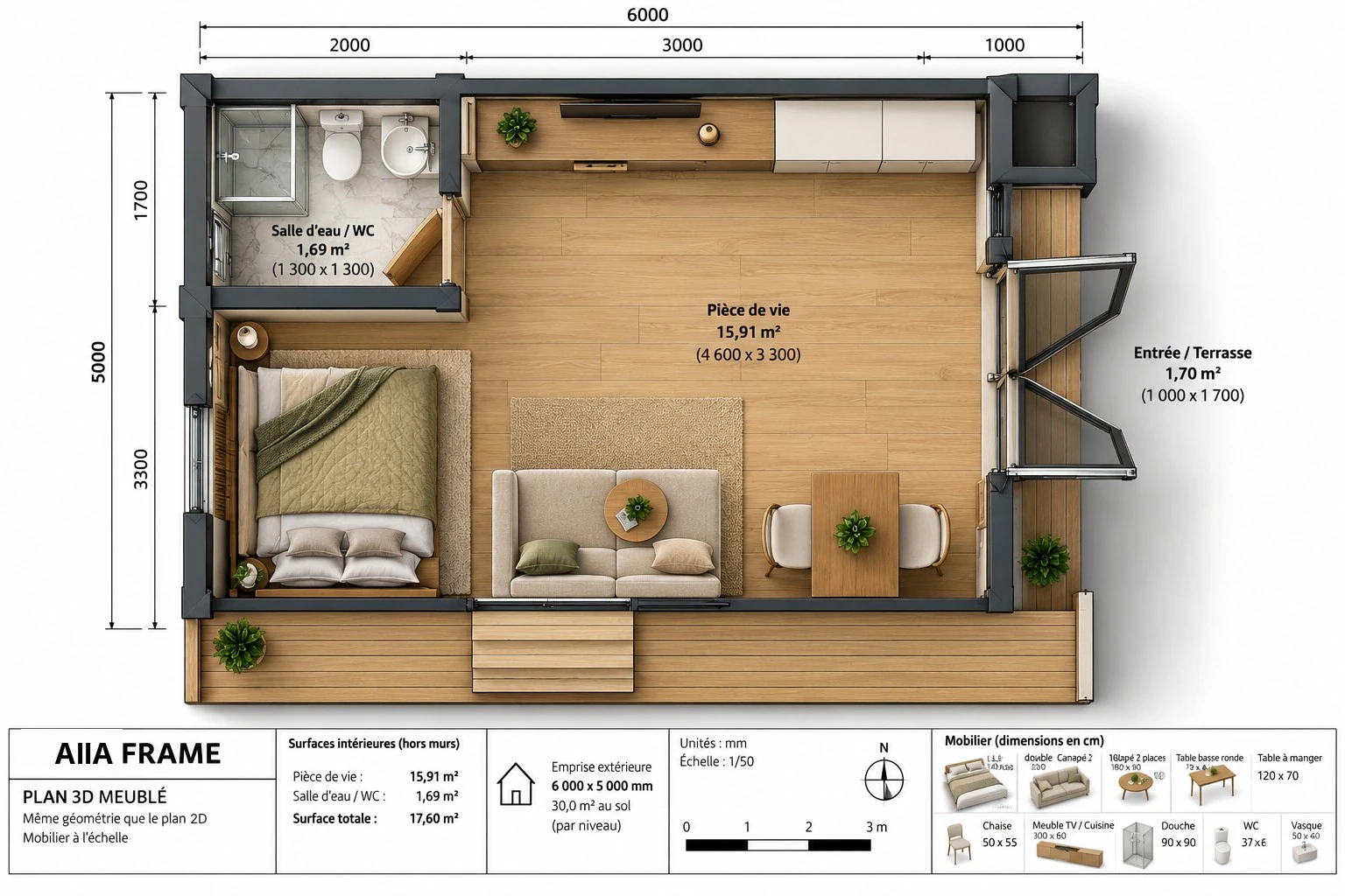 AIIA Frame, 30 m² Resort dwelling: furnished 3D plan, top view