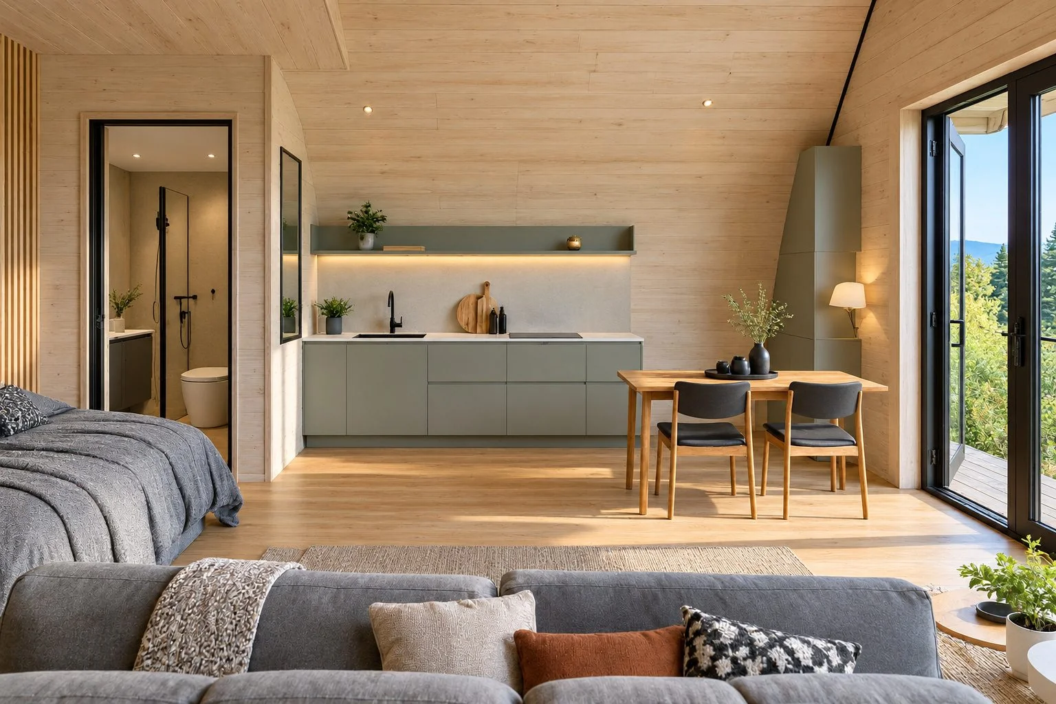 AIIA Frame, 30 m² Resort dwelling: living area and kitchenette, 3D render