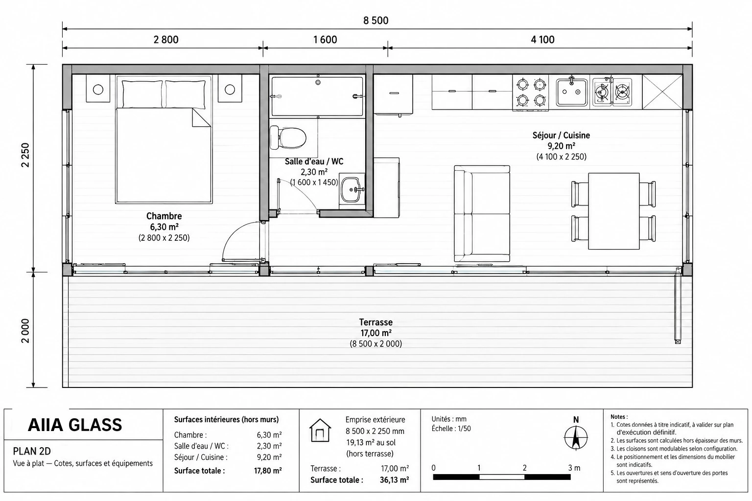 AIIA Glass, 25 m² tiny house: dimensioned 2D plan with floor areas