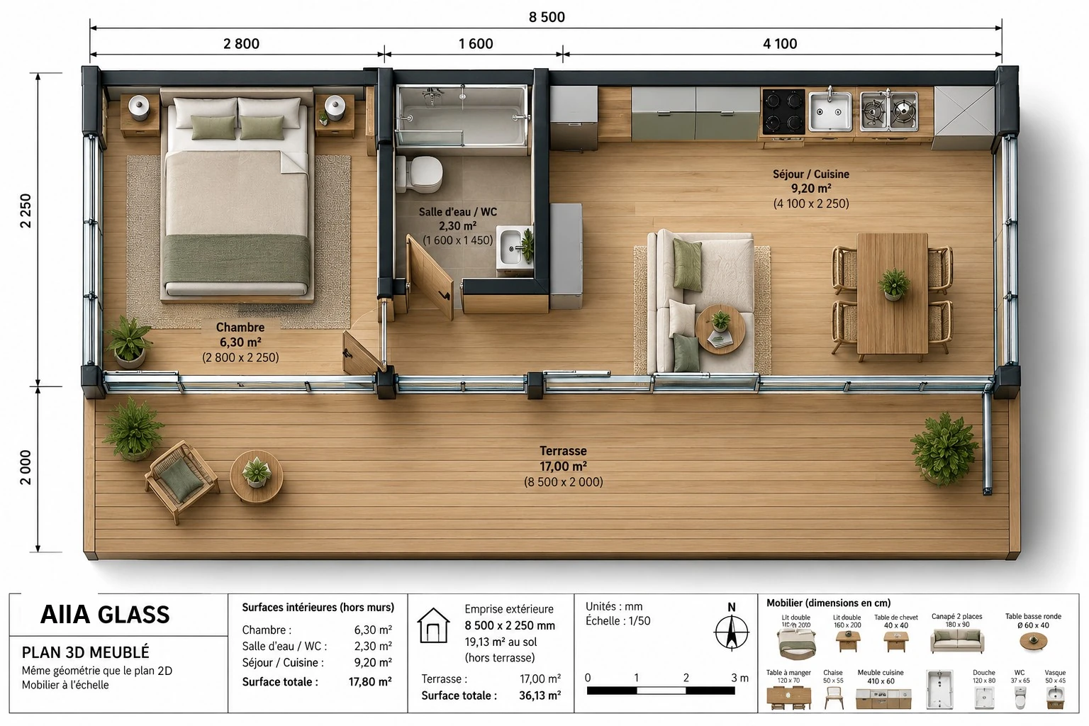 AIIA Glass, 25 m² tiny house: furnished 3D plan, top view