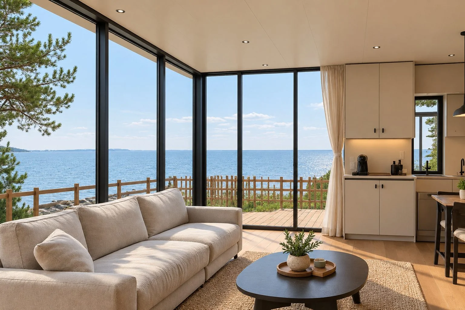 AIIA Glass, 25 m² tiny house: living area and kitchen, 3D render