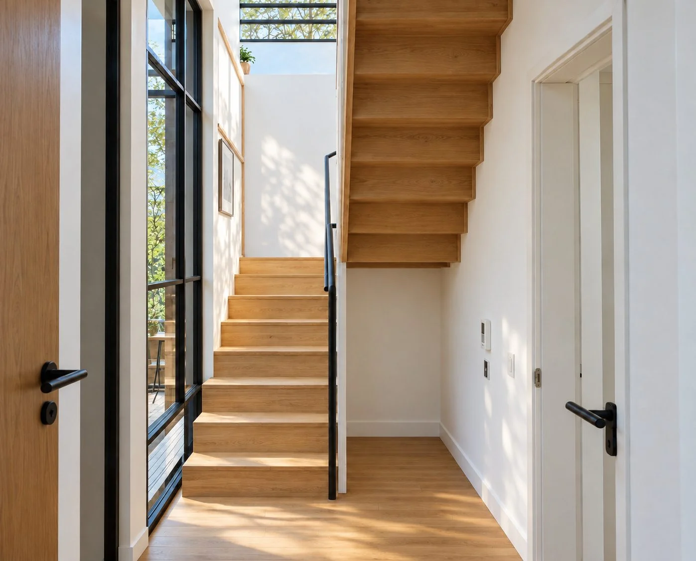 AIIA Level, 48 m² modular home: staircase, 3D render
