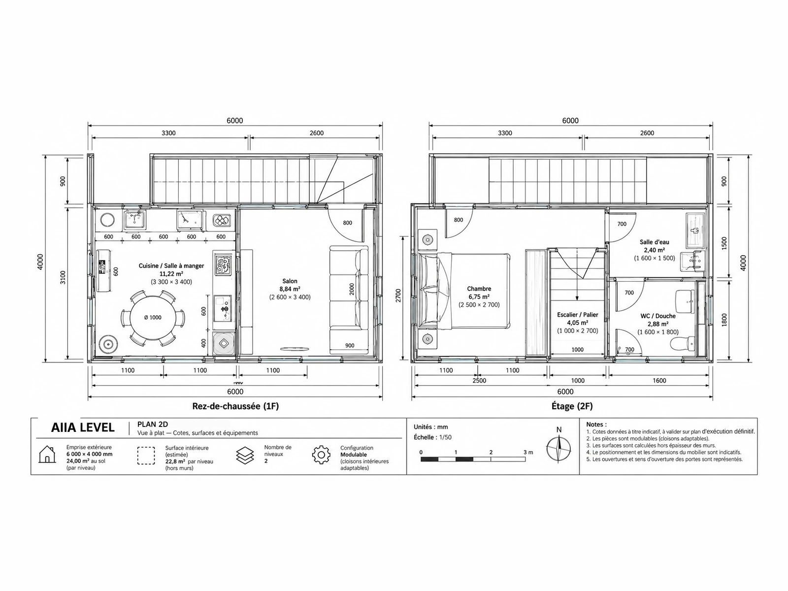 AIIA Level, 48 m² modular home: dimensioned 2D plan with floor areas