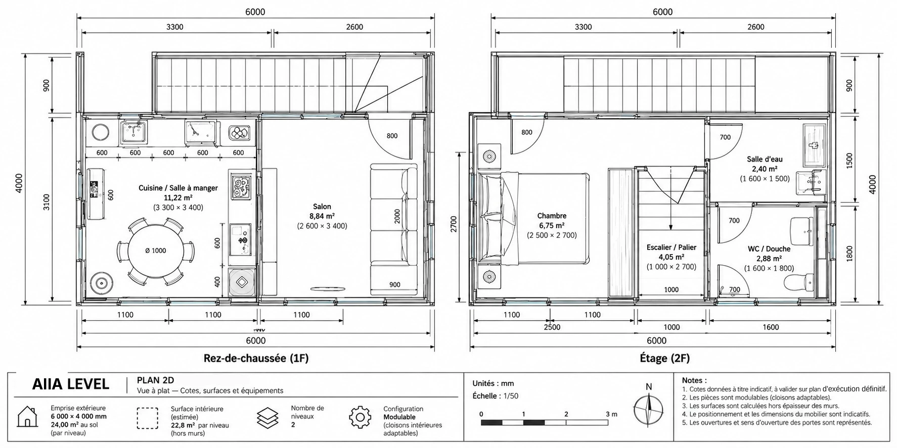 AIIA Level, 48 m² modular home: dimensioned 2D plan with floor areas