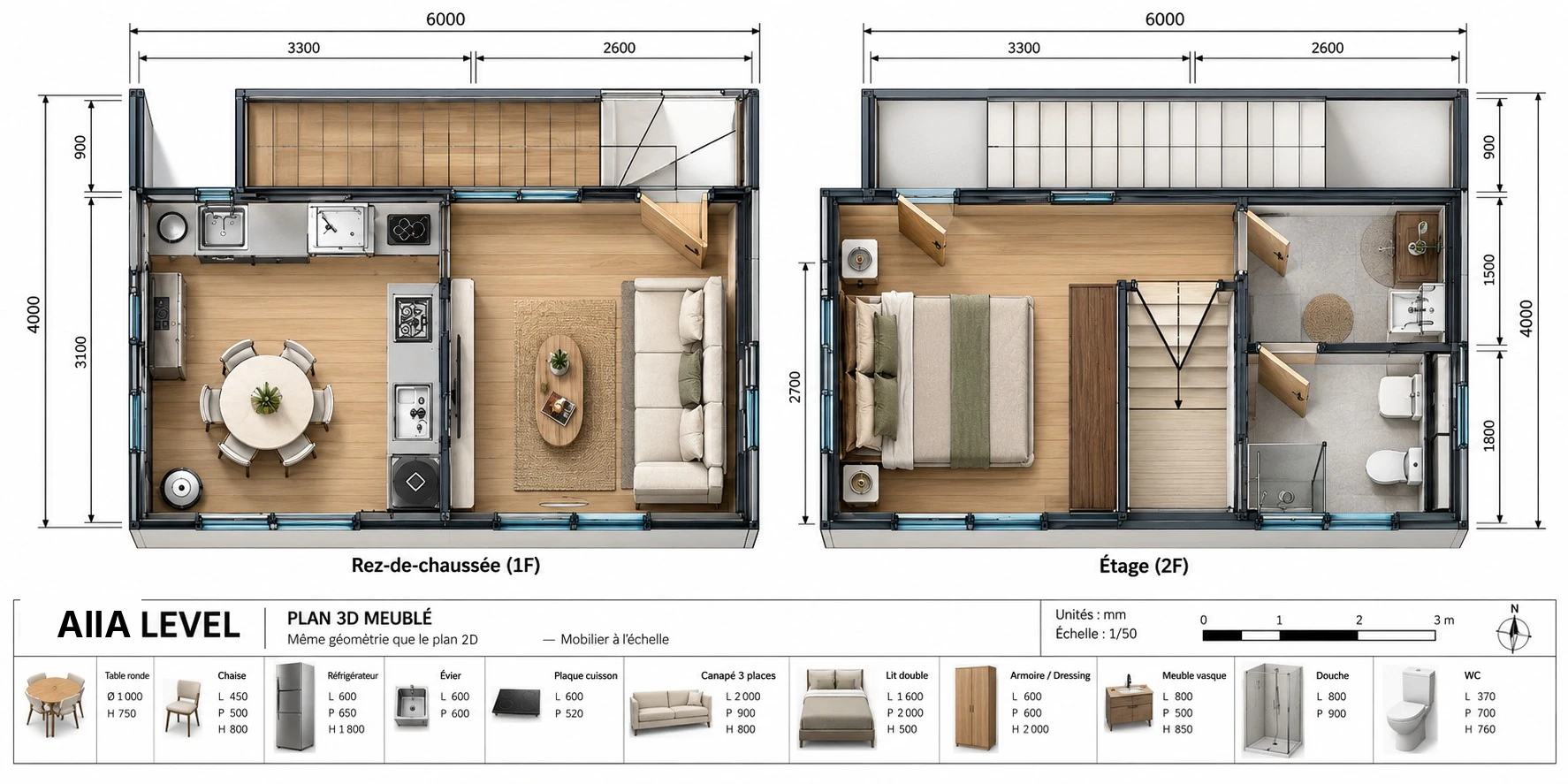 AIIA Level, 48 m² modular home: furnished 3D plan, top view