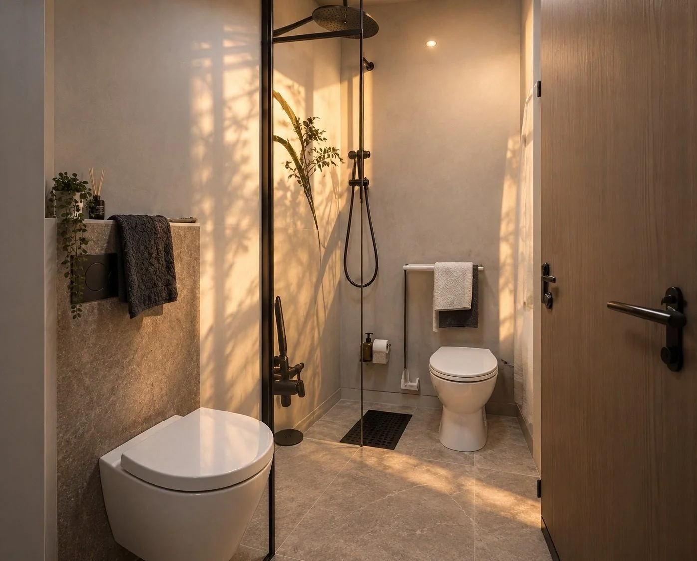 AIIA Level, 48 m² modular home: shower room, 3D render