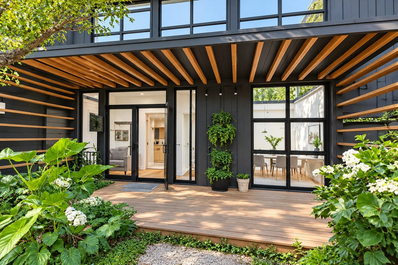 AIIA Level, 48 m² modular home: terrace under the pergola, 3D render