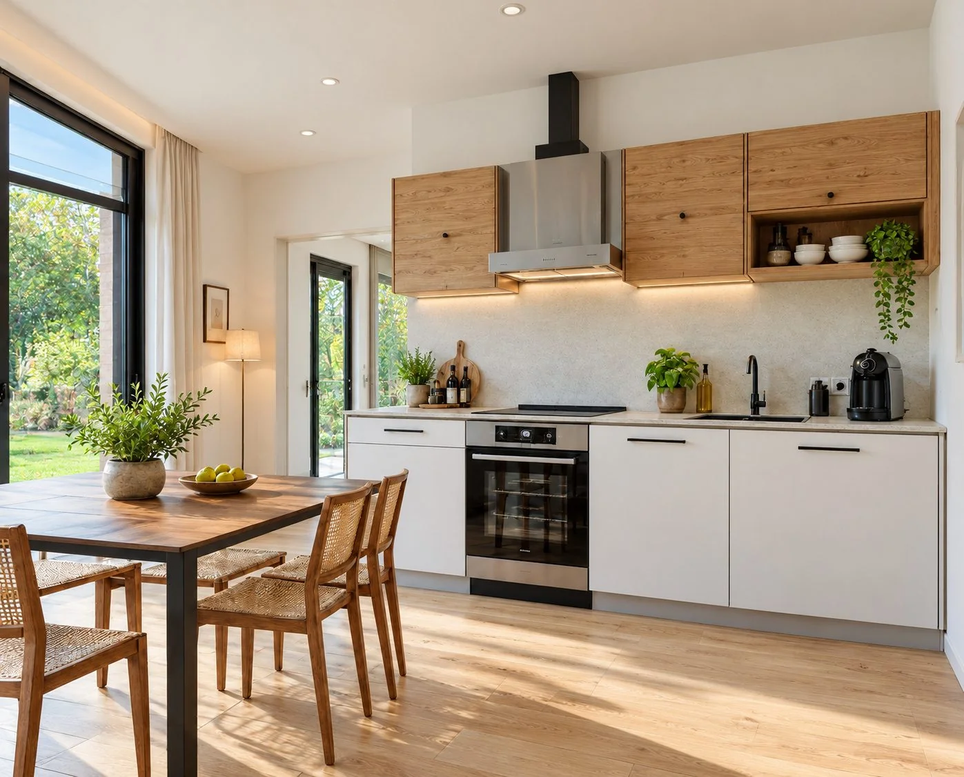 AIIA Line, 40 m² modular home: kitchen and dining area, 3D render