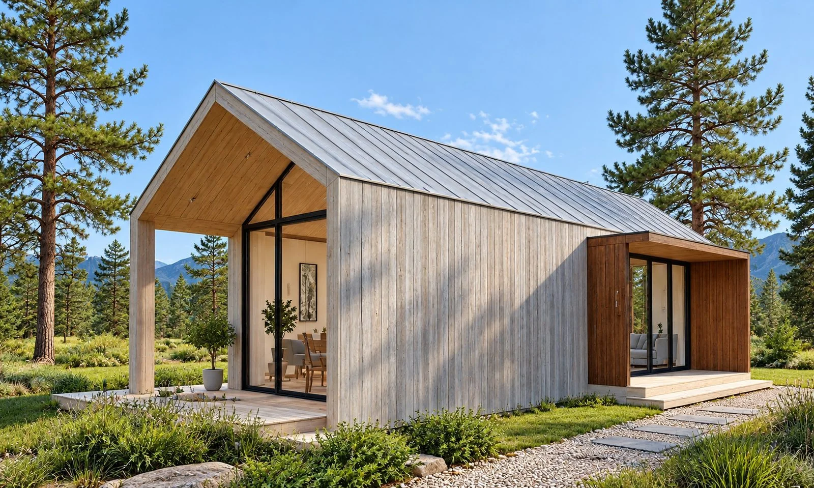 AIIA Line, 40 m² modular home: pitched-roof home with covered terrace