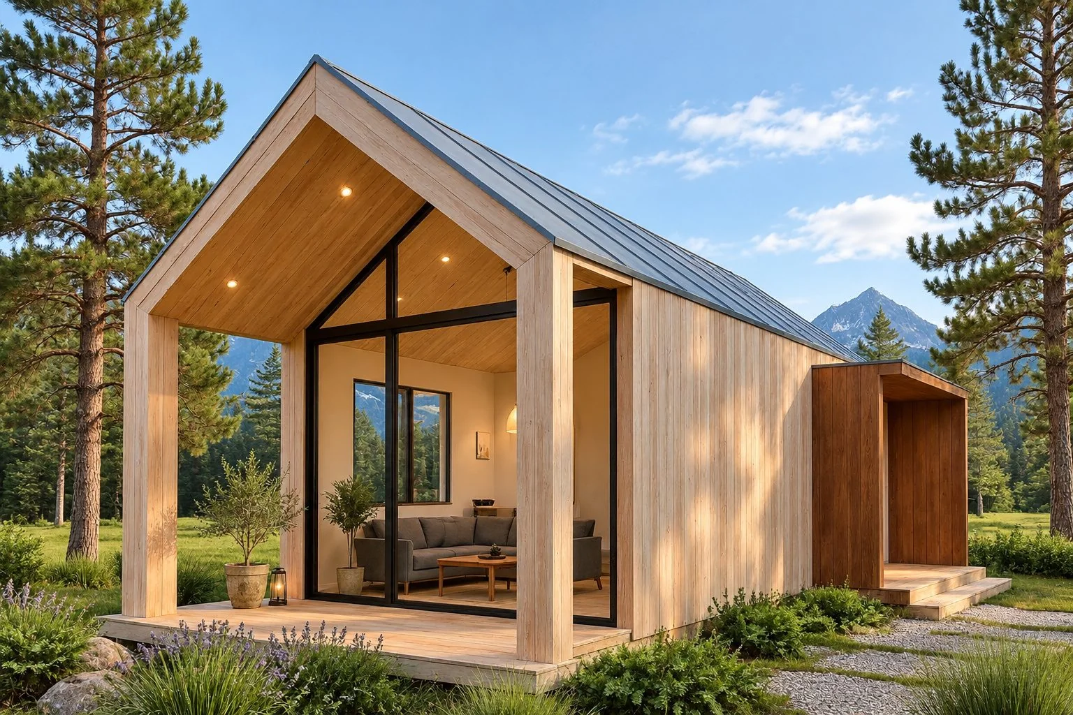 AIIA Line, 40 m² modular home: glazed gable, 3D render