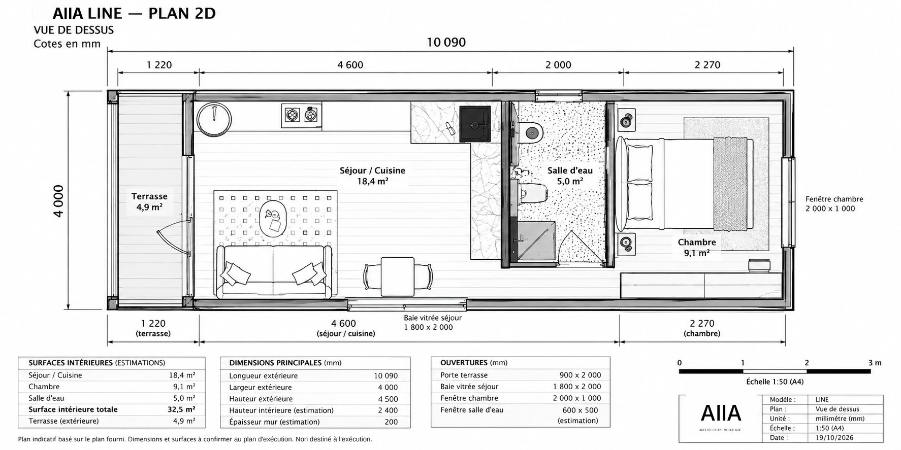 AIIA Line, 40 m² modular home: dimensioned 2D plan with floor areas
