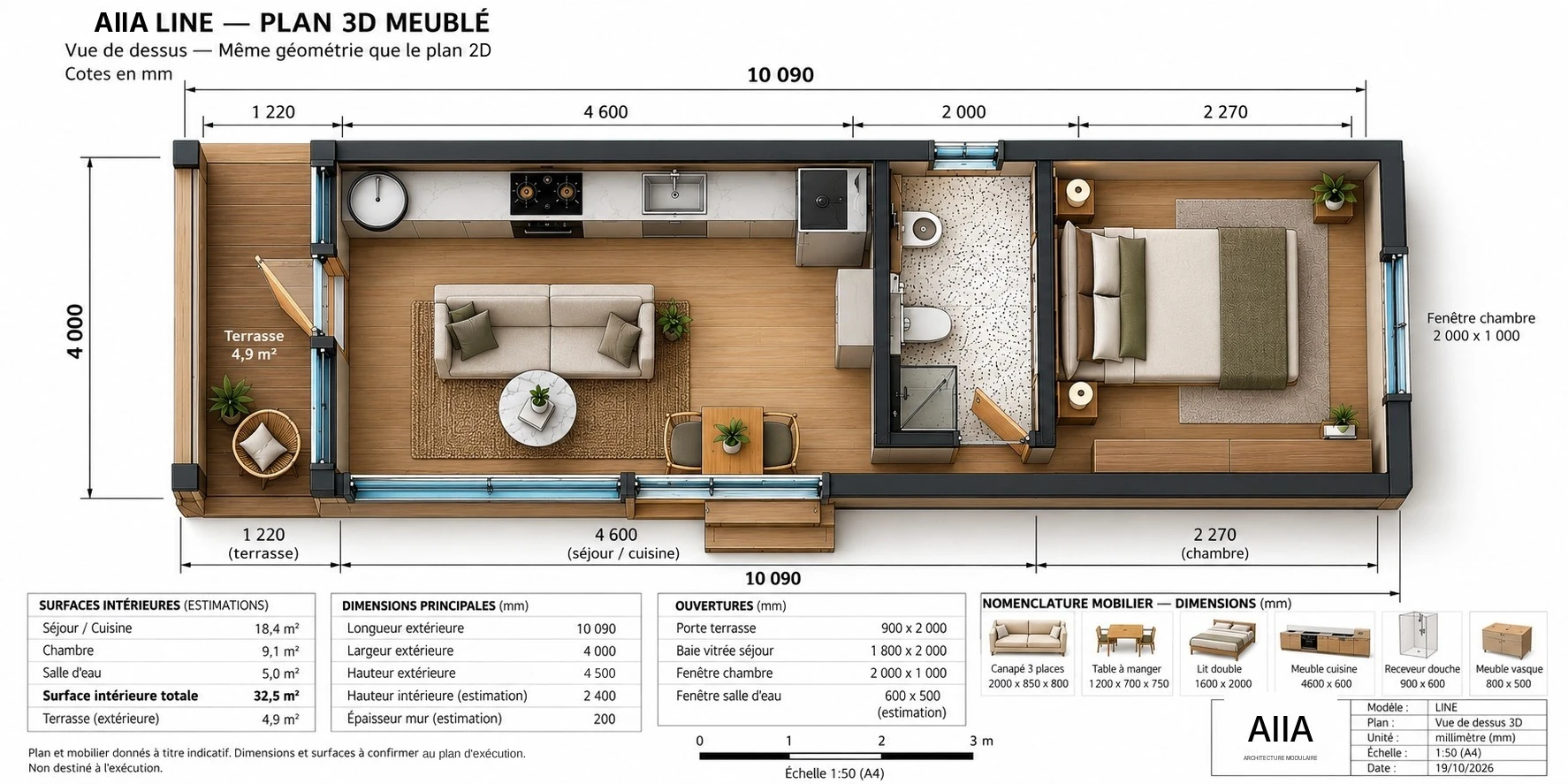 AIIA Line, 40 m² modular home: furnished 3D plan, top view