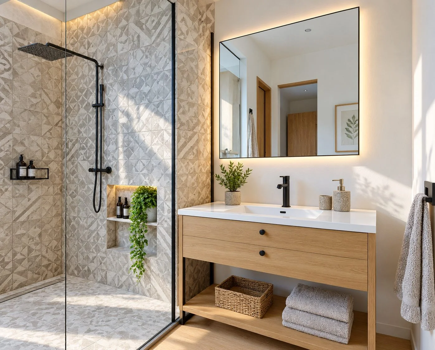 AIIA Line, 40 m² modular home: shower room, 3D render