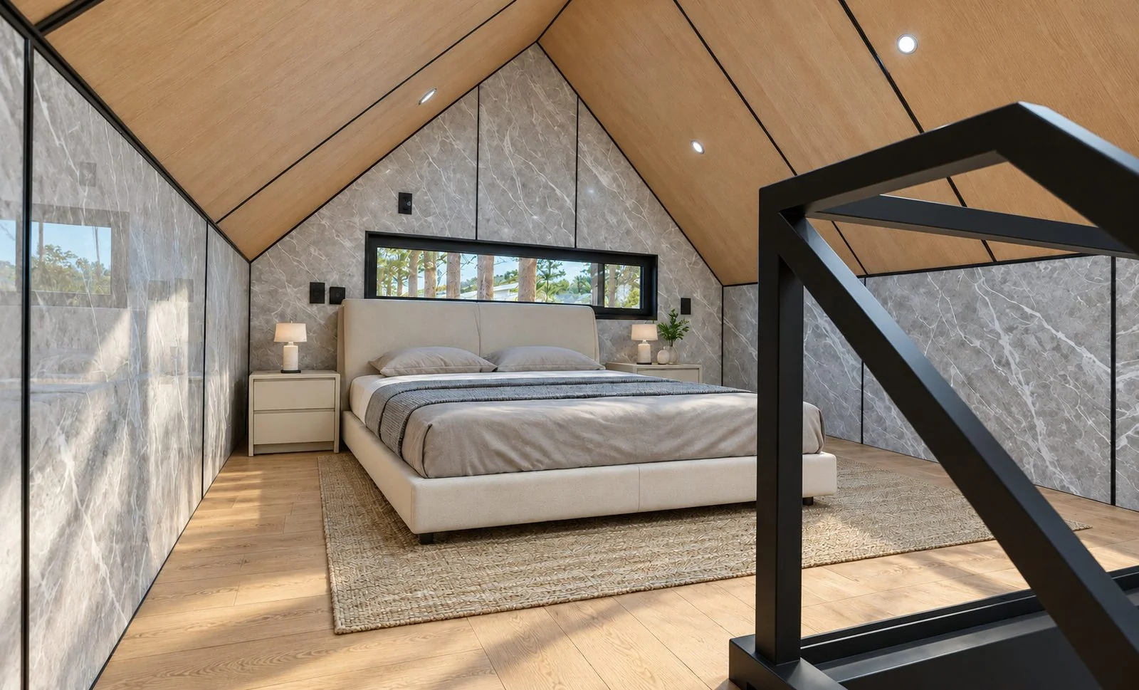 AIIA Mono, tiny house de 32 m² : chambre sous la toiture, rendu 3D