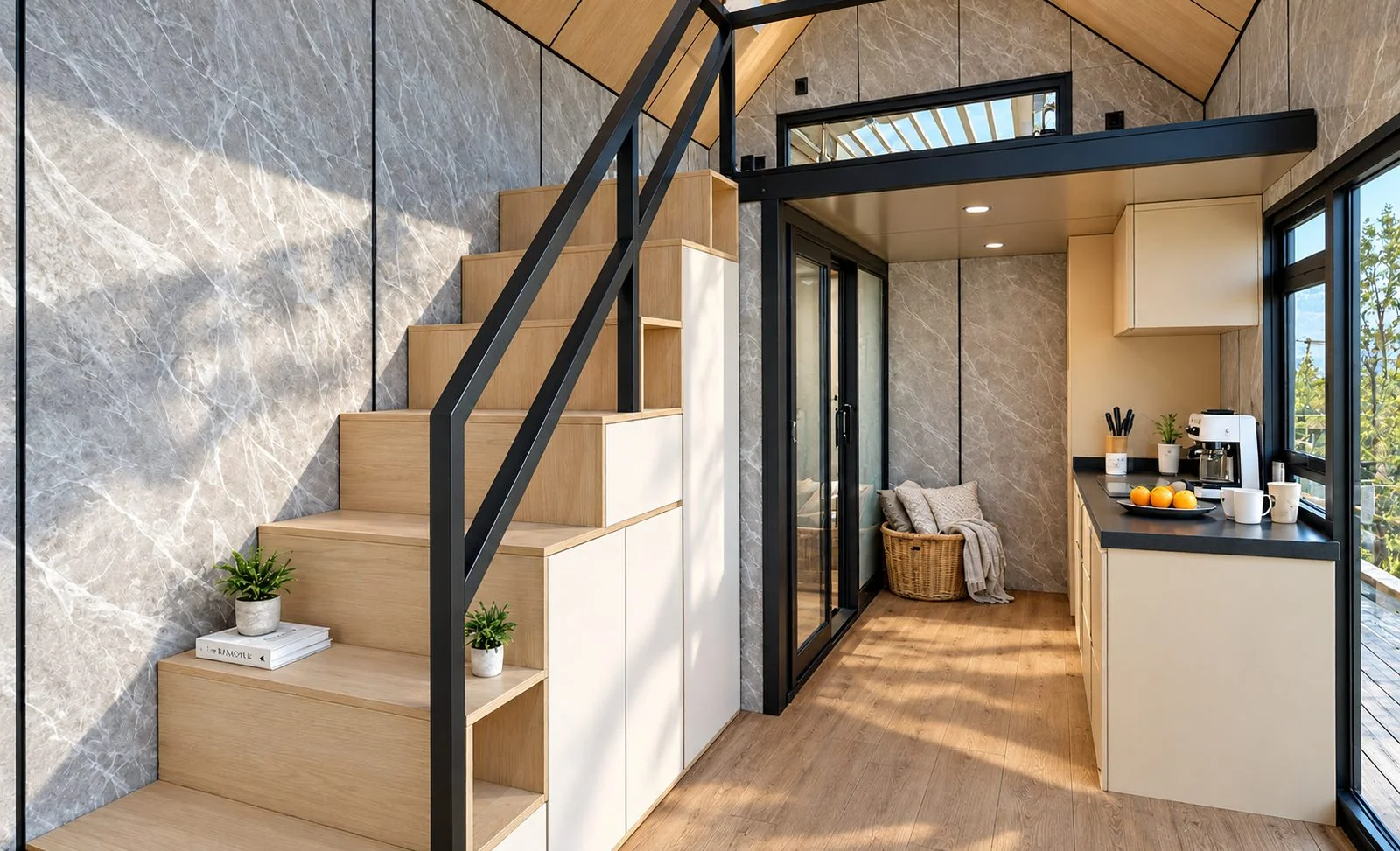 AIIA Mono, tiny house de 32 m² : escalier et rangements, rendu 3D