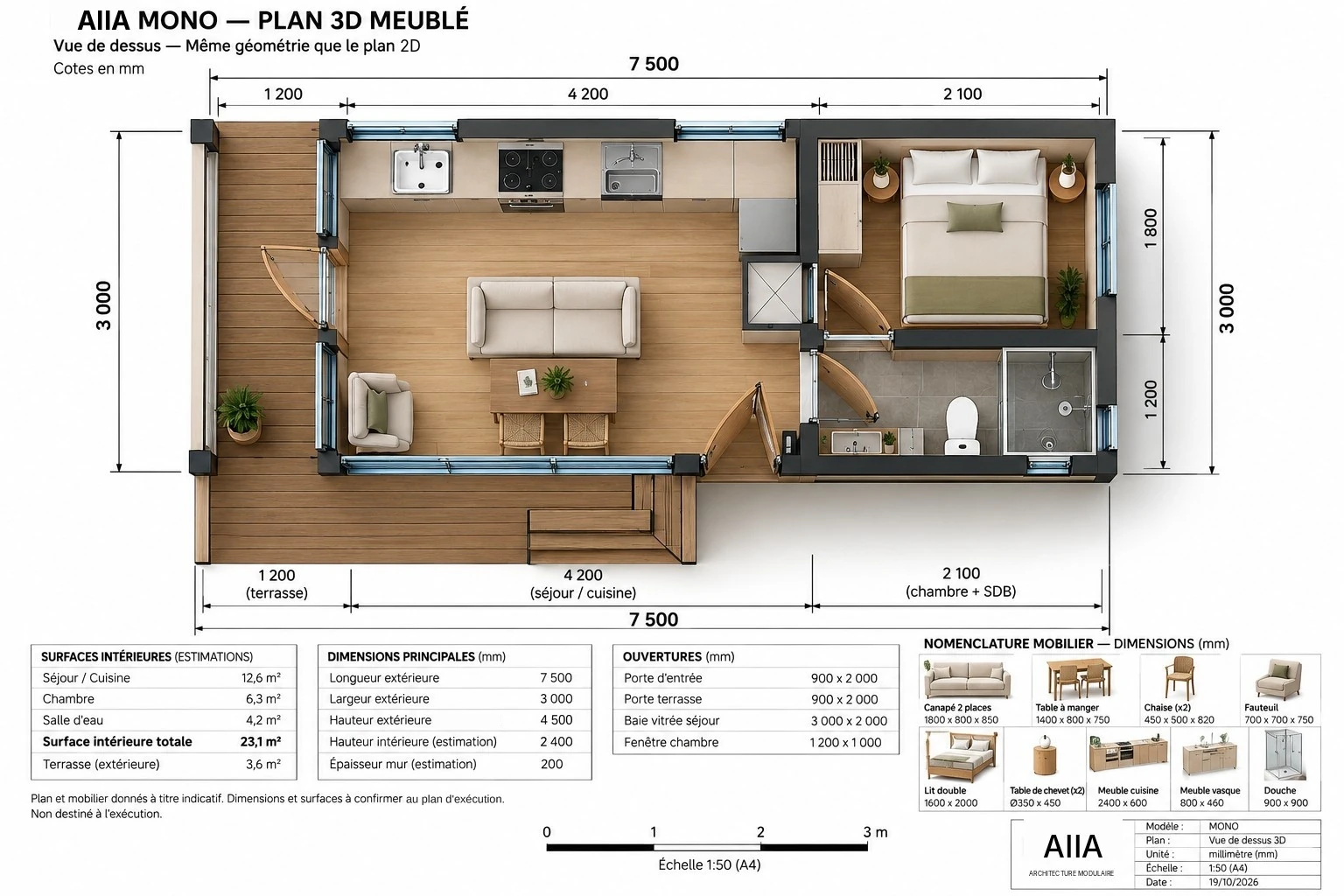 AIIA Mono, tiny house de 32 m² : plan 3D meublé, vue de dessus