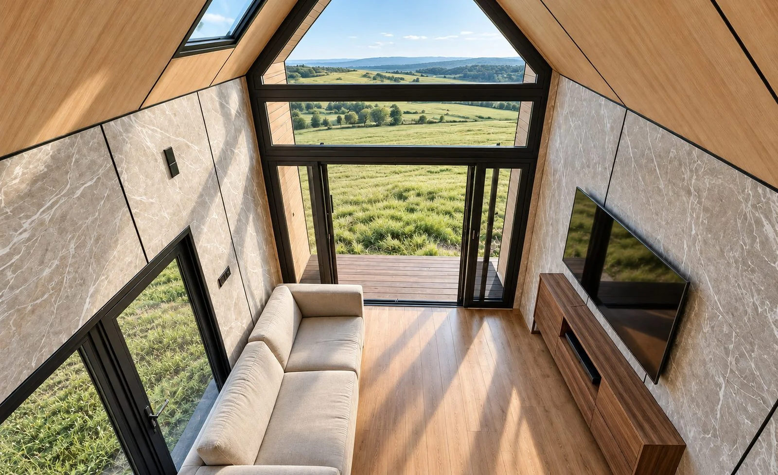 AIIA Mono, 32 m² tiny house: living room opening onto the meadow, 3D render
